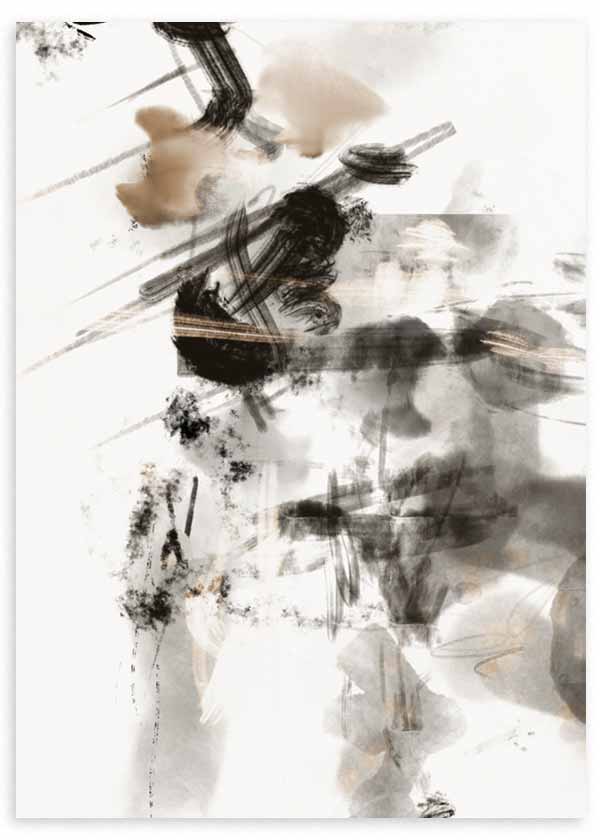 Cuadro con composición abstracta de manchas negras, grises y beige, trazos sueltos, veladuras suaves y formas superpuestas sobre fondo claro, de estilo abstracto. Disponible en kudeko.com
