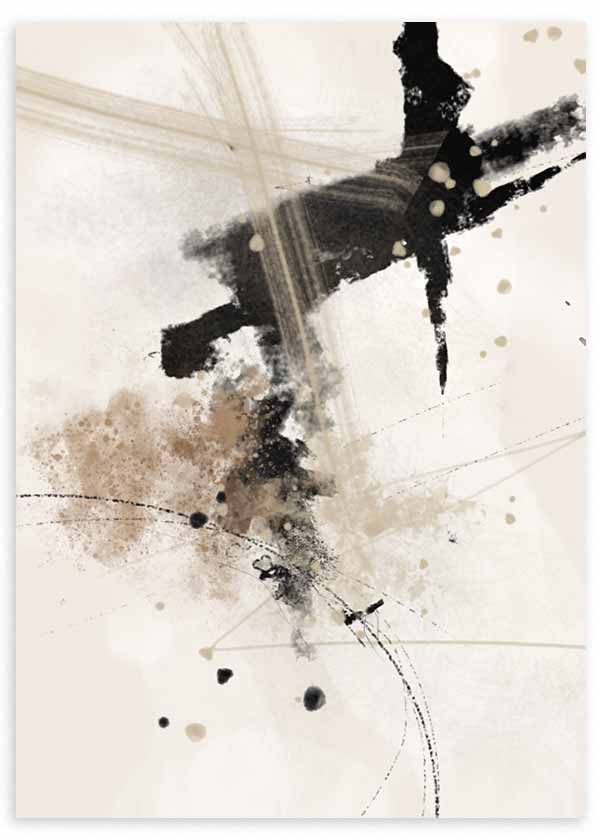 Cuadro con composición abstracta de manchas negras, beige y gris, trazos difusos, salpicaduras suaves y fondo claro de estilo abstracto. Disponible en kudeko.com