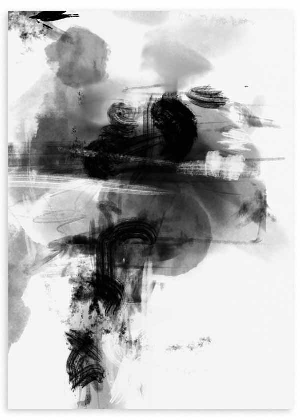 Quadro com composição abstrata em branco, preto e cinzento, manchas difusas, formas sobrepostas, contraste suave e estilo contemporâneo para decoração de parede. Disponível em kudeko.com