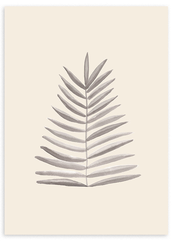 Tableau encadré avec feuille de palmier stylisée en gris fumée sur fond beige clair, composition épurée au style minimaliste et botanique doux. Disponible sur kudeko.com