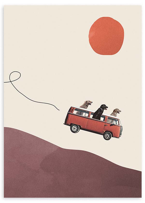 lámina decorativa de collage vintage de perros en furgoneta, caravana - kudeko