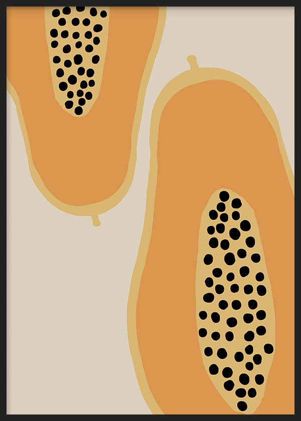 Gerahmtes Wandbild mit zwei Papayahälften in Orange, Beige und Schwarz, fruchtiges Motiv mit organischen Formen, schwarzem Samenbild und minimalistischem Stil auf cremefarbenem Hintergrund. Erhältlich auf kudeko.com