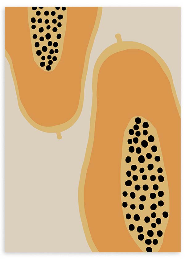 Cuadro con mitades de papaya en tonos naranja, beige y negro, composición frutal de formas orgánicas y estilo minimalista. Disponible en kudeko.com