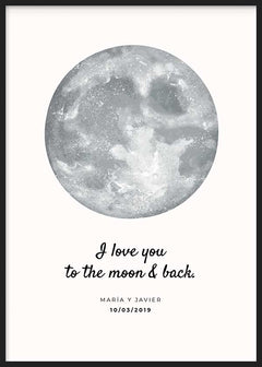 Cuadro con luna gris plateada sobre fondo claro, frase romántica en negro, nombres personalizados y estilo con frases. Disponible en kudeko.com