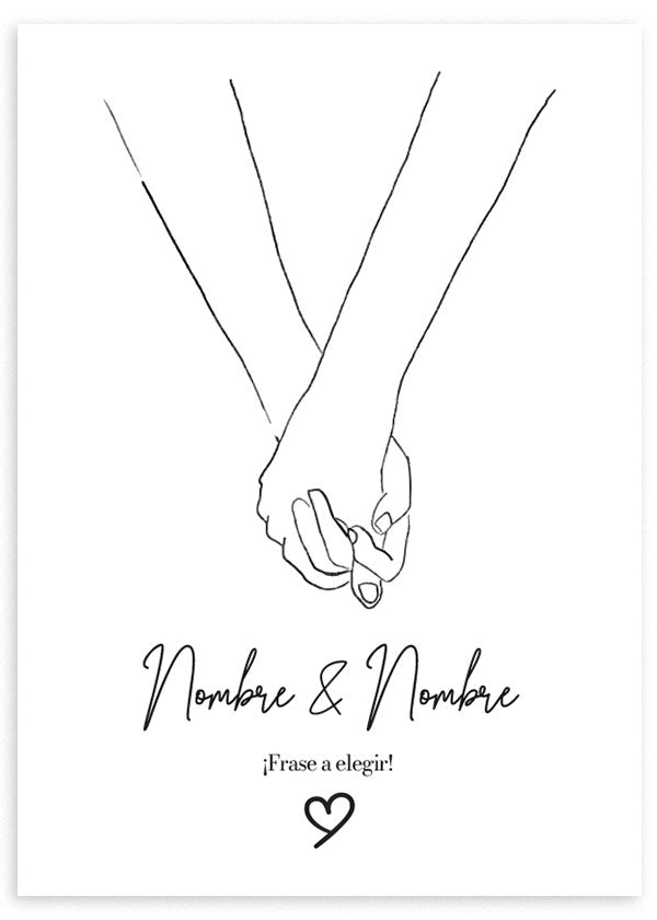 Tableau avec deux mains entrelacées en trait noir sur fond blanc, prénoms personnalisables, courte phrase, petit cœur et style minimaliste épuré. Disponible sur kudeko.com