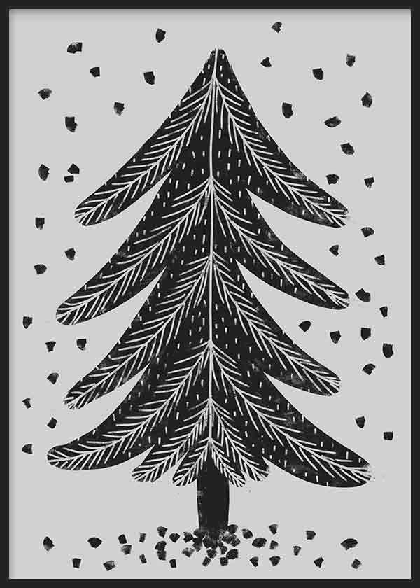 cuadro y lámina decorativa de árbol de navidad, ilustración en blanco y negro - kudeko