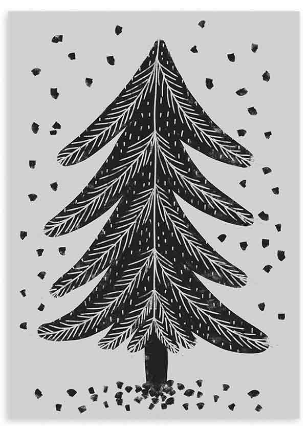 lámina decorativa de árbol de navidad, ilustración en blanco y negro - kudeko