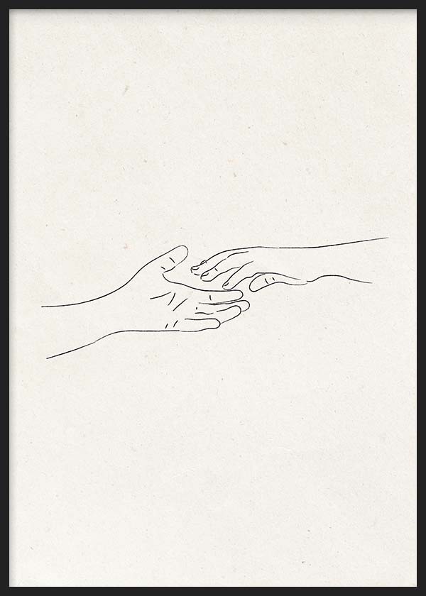 Tableau encadré avec deux mains presque en contact, fines lignes noires sur fond beige clair, composition épurée et style minimaliste contemporain. Disponible sur kudeko.com