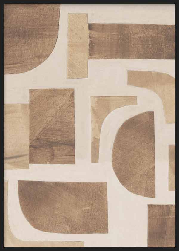 Tableau avec composition abstraite de formes géométriques courbes et rectangulaires en beige, sable, crème et brun sur fond clair, dans un style abstrait épuré. Disponible sur kudeko.com