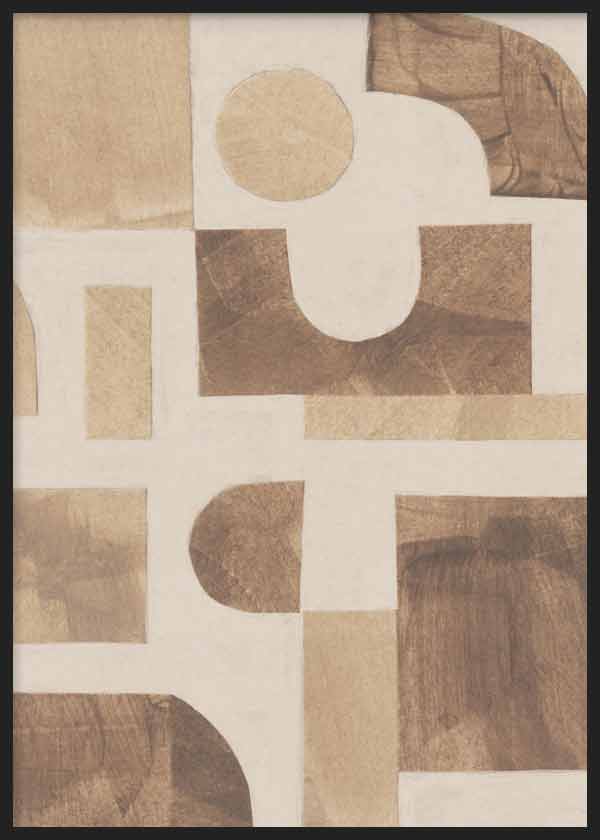 Tableau avec composition abstraite de blocs rectangulaires et formes courbes en beige, sable, taupe et marron sur fond clair, dans un style abstrait et épuré. Disponible sur kudeko.com