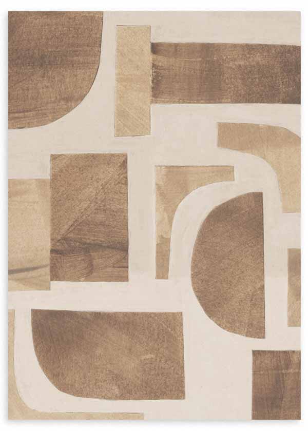 Cuadro de composición abstracta con formas geométricas curvas y rectangulares en tonos beige, arena, crema y marrón sobre fondo claro, de estilo abstracto. Disponible en kudeko.com