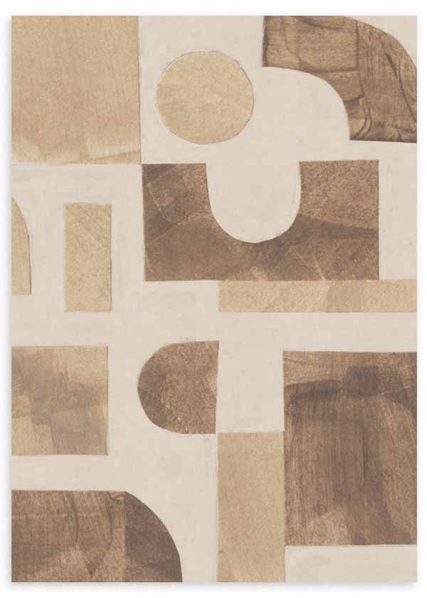 Tableau avec composition abstraite de blocs rectangulaires et formes courbes en beige, sable, taupe et marron sur fond clair, dans un style abstrait et épuré. Disponible sur kudeko.com