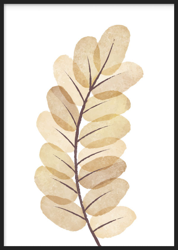 cuadro para lámina decorativa de rama con hojas en tonos marrones, ilustración floral. Marco negro
