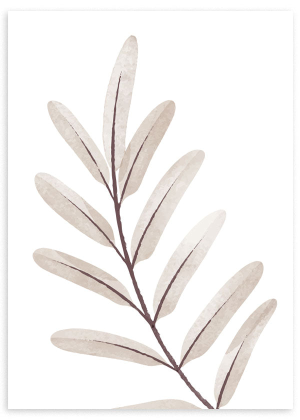Cuadro con rama de hojas alargadas en tonos gris claro, beige suave y marrón, sobre fondo blanco, de estilo minimalista. Disponible en kudeko.com