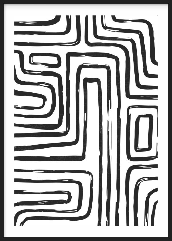 Cuadro con líneas negras curvas y trazos orgánicos sobre fondo blanco, composición abstracta de alto contraste y estilo abstracto. Disponible en kudeko.com