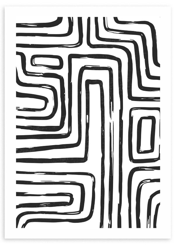 Quadro emoldurado com linhas pretas curvas e traços orgânicos sobre fundo branco, composição abstrata gráfica, contraste a preto e branco, estilo contemporâneo e depurado. Disponível em kudeko.com