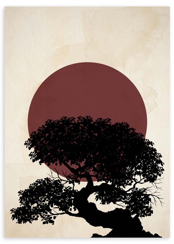 Wandbild mit schwarzer Silhouette eines dicht belaubten Baumes, großer bordeauxroter Sonne, beigem Hintergrund und ruhigem minimalistischem Stil. Erhältlich auf kudeko.com