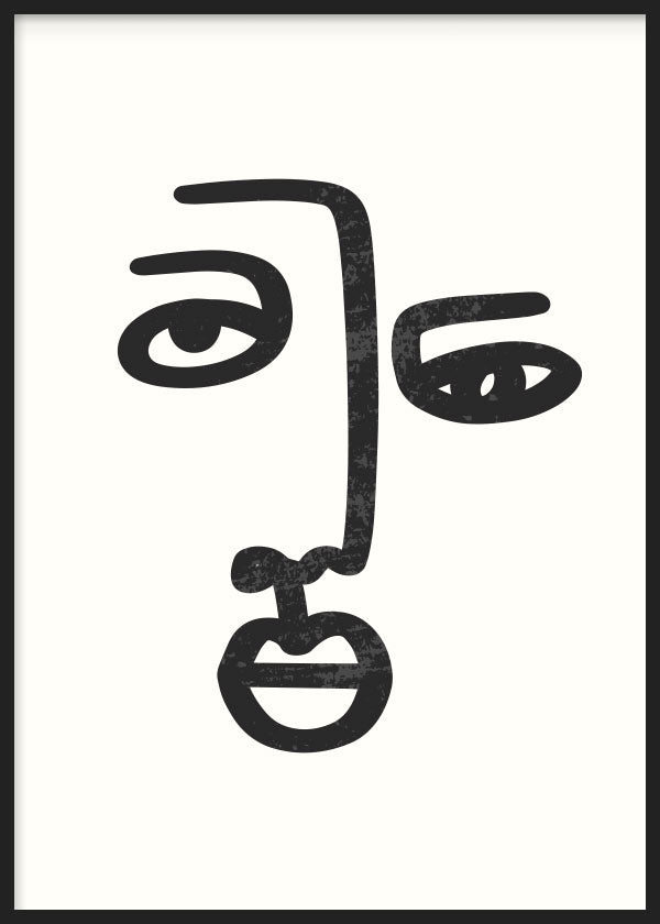 Cuadro con rostro abstracto negro sobre fondo blanco, facciones lineales, ojos expresivos, nariz alargada y labios marcados, de estilo abstracto. Disponible en kudeko.com
