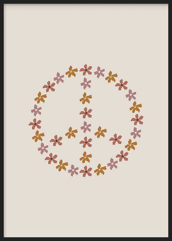 Tableau encadré avec symbole de paix formé de petites fleurs rose poudré, terracotta et moutarde sur fond beige clair, dans un style nordique épuré et doux. Disponible sur kudeko.com