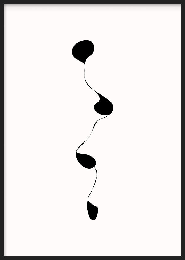 Cuadro con formas orgánicas negras enlazadas por una línea fina sobre fondo blanco, composición abstracta de estilo minimalista. Disponible en kudeko.com