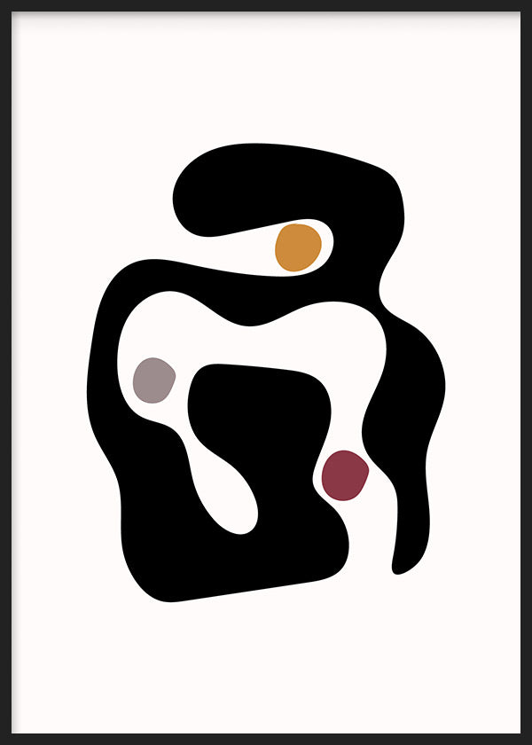 Cuadro de formas orgánicas negras sobre fondo blanco con acentos mostaza, gris topo y burdeos, de estilo abstracto. Disponible en kudeko.com