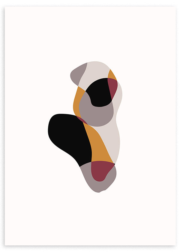 Tableau encadré avec formes organiques superposées en noir, beige, gris taupe, moutarde et bordeaux sur fond clair, dans un style minimaliste et contemporain. Disponible sur kudeko.com