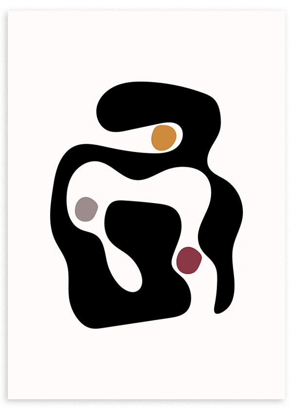 Cuadro de formas orgánicas negras sobre fondo blanco con acentos mostaza, gris topo y burdeos, de estilo abstracto. Disponible en kudeko.com