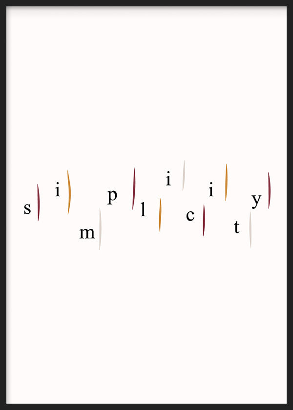 Cuadro con la palabra simplicity en letras negras, acentuada con formas alargadas granate, mostaza y gris sobre fondo blanco, de estilo con frases. Disponible en kudeko.com