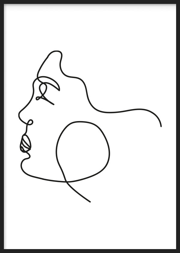Quadro emoldurado com perfil de rosto feminino em linha preta sobre fundo branco, traços suaves, brinco circular em destaque e composição limpa de estilo minimalista. Disponível em kudeko.com
