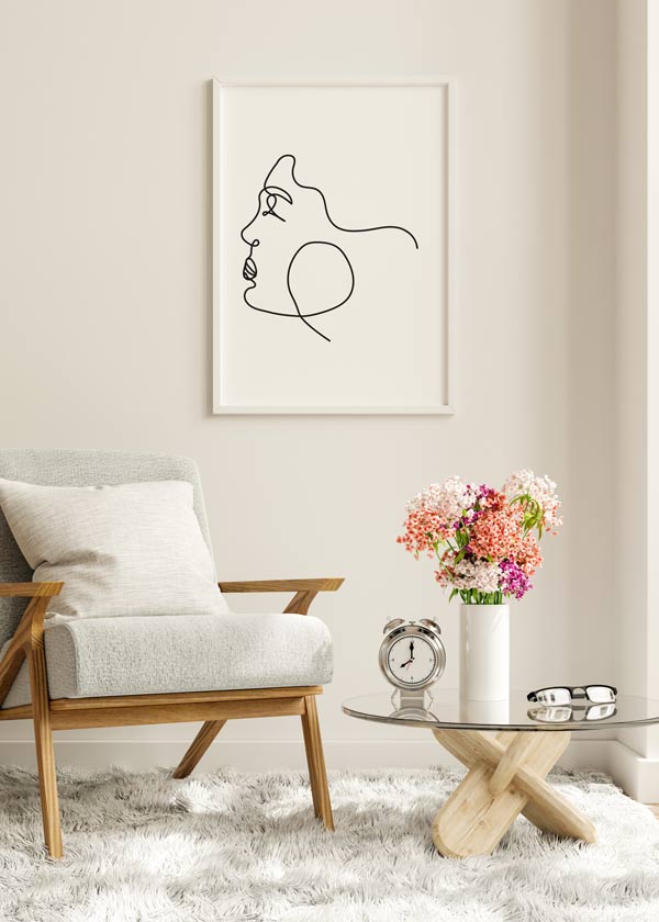 Decoración con cuadros, ideas -  cuadro abstracto de rostro de mujer en blanco y negro y trazo lineal