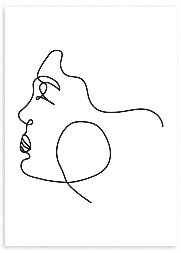 Cuadro con perfil de rostro femenino en línea negra sobre fondo blanco, rasgos suaves, pendiente circular destacado y composición limpia de estilo minimalista. Disponible en kudeko.com