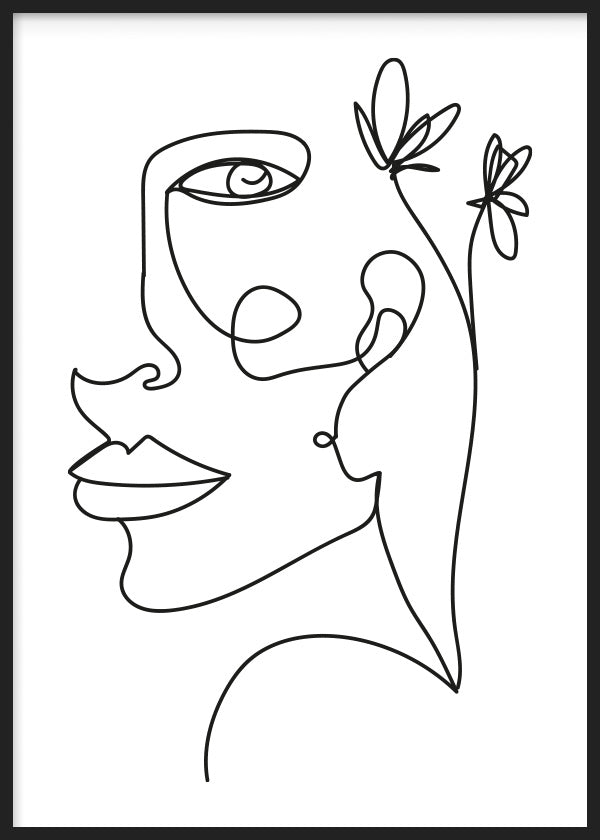 Cuadro con rostro femenino de línea continua, flores delicadas, fondo blanco, trazos negros limpios y composición minimalista elegante. Disponible en kudeko.com