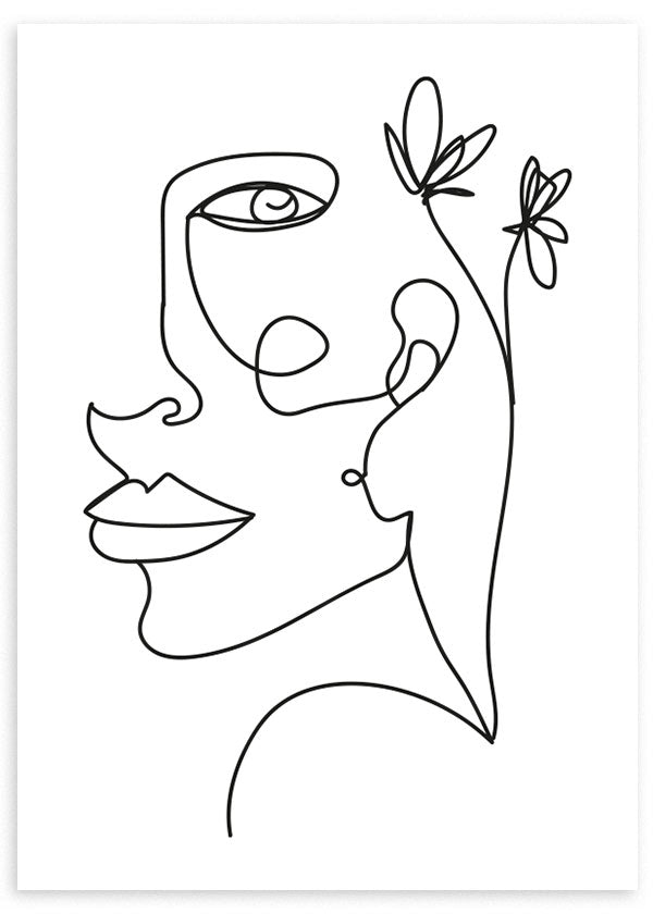 Tableau encadré avec visage féminin en ligne continue, fleurs délicates, fond blanc, traits noirs épurés et style minimaliste élégant. Disponible sur kudeko.com