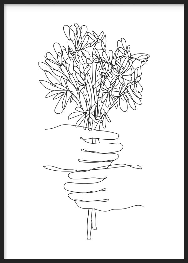 Quadro com ramo de flores em linha preta sobre fundo branco, composição botânica leve, elegante e minimalista de estilo contemporâneo. Disponível em kudeko.com