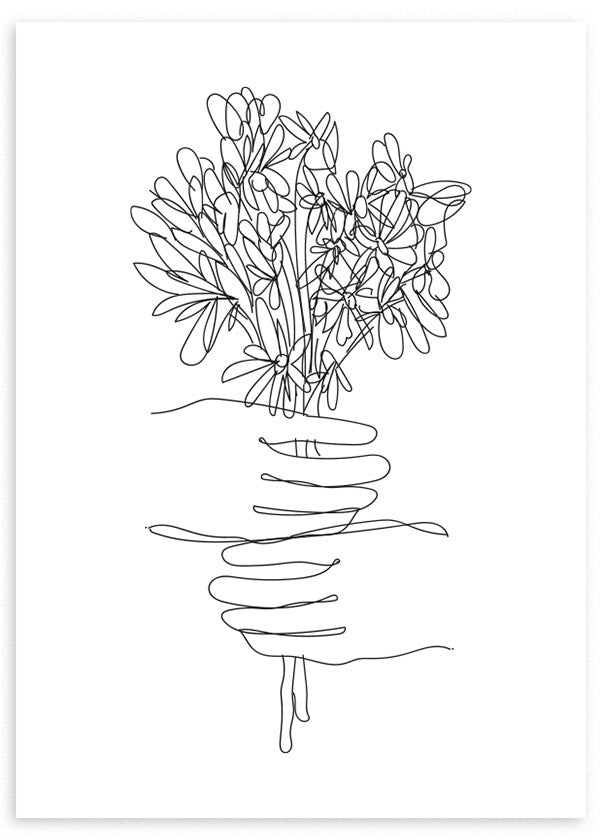 Quadro com ramo de flores em linha preta sobre fundo branco, composição botânica leve, elegante e minimalista de estilo contemporâneo. Disponível em kudeko.com