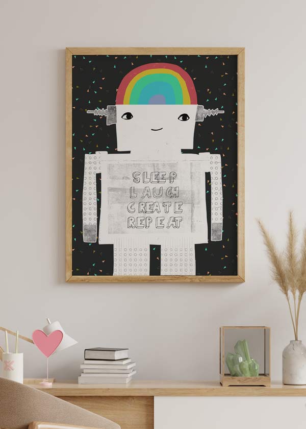 decoración con cuadros, ideas - lámina decorativa infantil de robot en el espacio, ilustración con frase - kudeko