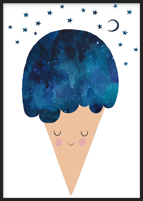 cuadro lámina decorativa infantil de ilustración graciosa de helado cucuricho azul y estrellas - kudeko