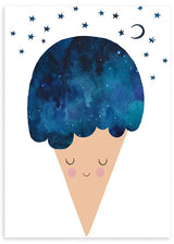 lámina decorativa infantil de ilustración graciosa de helado cucuricho azul y estrellas - kudeko