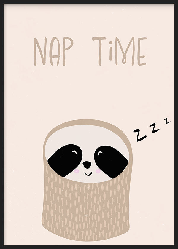 cuadro lámina decorativa de ilustración de mapache sobre fondo beige, nap time - kudeko