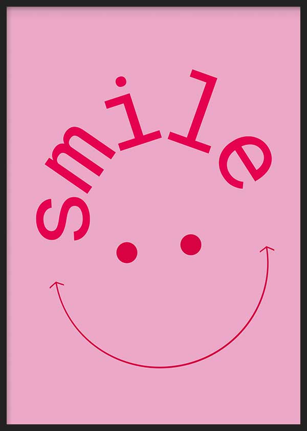 cuadro lámina decorativa de ilustración con cara smiley rosa y palabra smile - kudeko