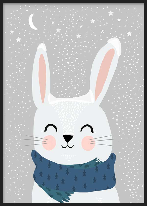 Tableau encadré avec lapin blanc, joues rosées, écharpe bleue, fond gris enneigé, lune, étoiles et style enfantin doux. Disponible sur kudeko.com