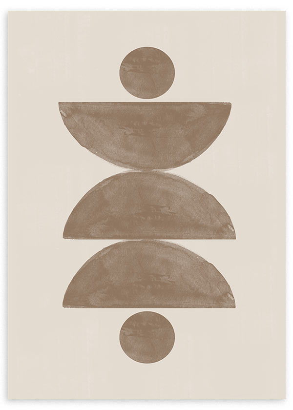 Cuadro con figuras geométricas de semicírculos y círculos en tonos beige, arena y taupe sobre fondo claro, de estilo abstracto. Disponible en kudeko.com