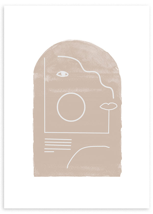 Quadro com composição abstrata em bege empoeirado, linhas brancas finas, forma de arco, círculo central e detalhes orgânicos de estilo minimalista. Disponível em kudeko.com