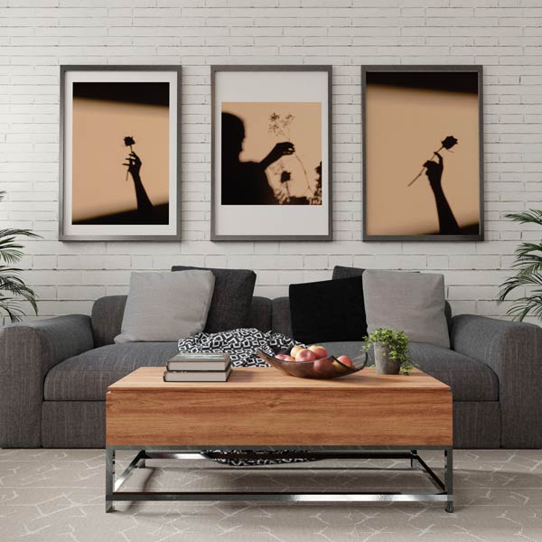 Decoración con cuadros, mural -  cuadro fotográfico con sombra de una rosa sujetada con el brazo. Lámina decorativa.