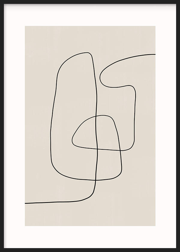 Cuadro con líneas negras continuas y formas orgánicas sobre fondo beige claro, composición abstracta de estilo minimalista. Disponible en kudeko.com