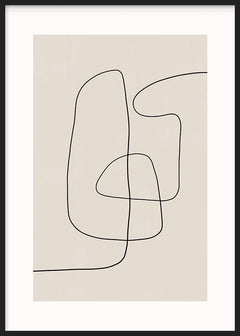 Quadro com linhas pretas contínuas, formas orgânicas e fundo bege claro, composição abstrata minimalista em tons neutros e equilibrados. Disponível em kudeko.com