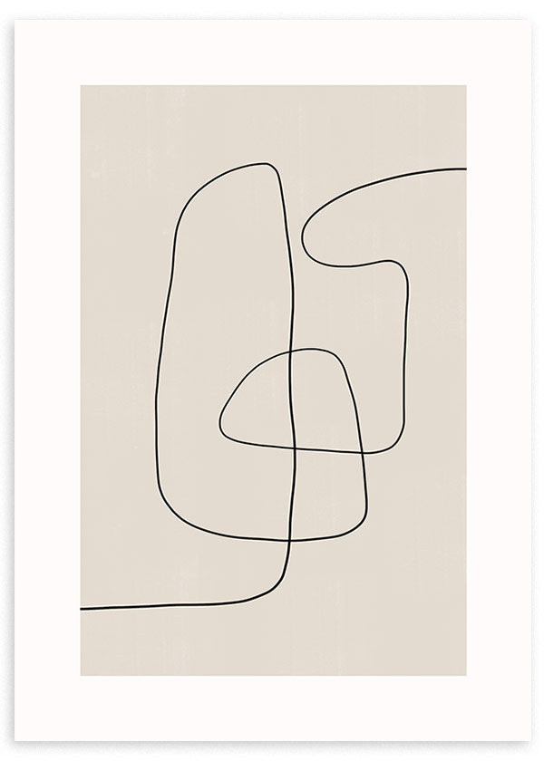 Quadro com linhas pretas contínuas, formas orgânicas e fundo bege claro, composição abstrata minimalista em tons neutros e equilibrados. Disponível em kudeko.com