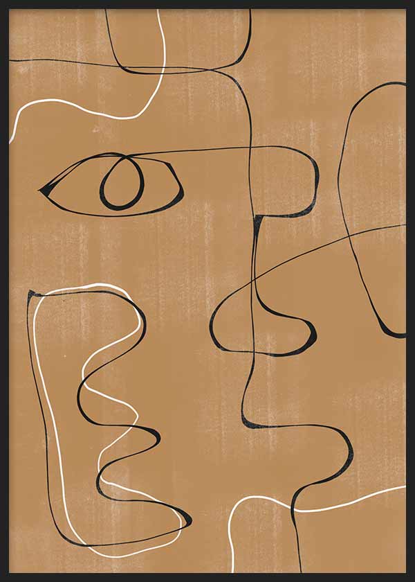 Quadro emoldurado com rostos abstratos delineados a preto e branco sobre fundo castanho quente texturado, composição de linhas contínuas e estilo abstrato contemporâneo. Disponível em kudeko.com