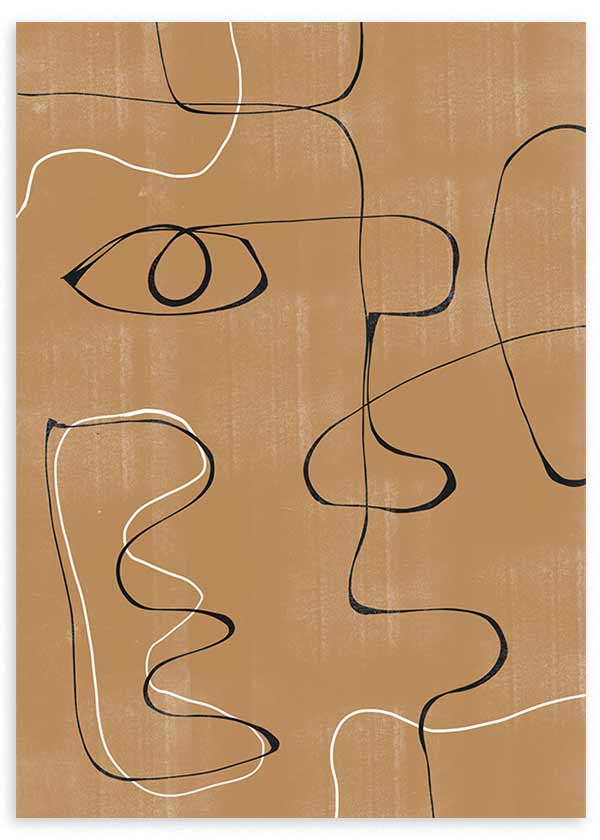 Quadro emoldurado com rostos abstratos delineados a preto e branco sobre fundo castanho quente texturado, composição de linhas contínuas e estilo abstrato contemporâneo. Disponível em kudeko.com