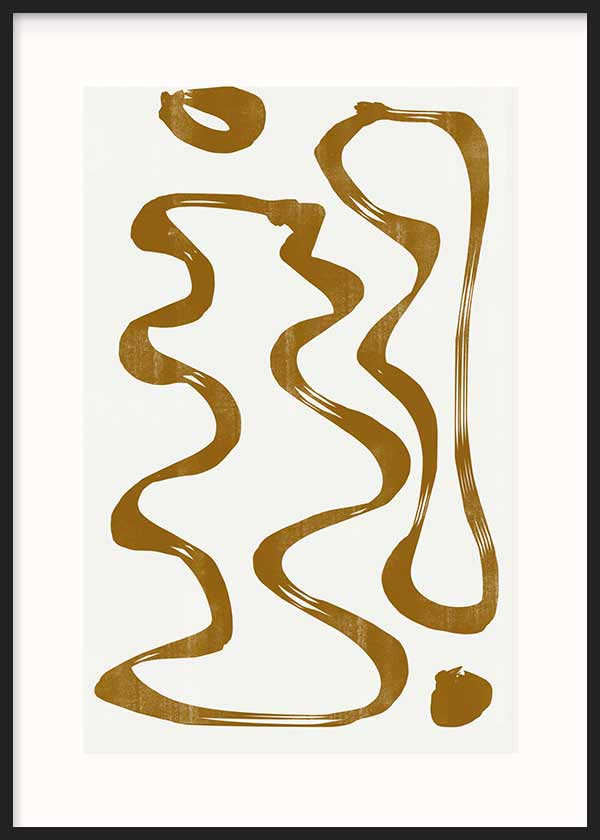 Quadro com composição abstrata de linhas onduladas e formas orgânicas em tom mostarda dourado sobre fundo branco, de estilo minimalista e contemporâneo. Disponível em kudeko.com